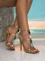 Womens Gold High Heel Sandals, Elegant Beaded Strap Party/Evening Shoes With Pointed Toe And Thin Heels. 