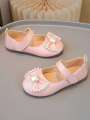 1 Pair Girls Flat Shoes, Pink Comfortable Versatile Hook And Loop Bow Ballerina Dance Shoes. 