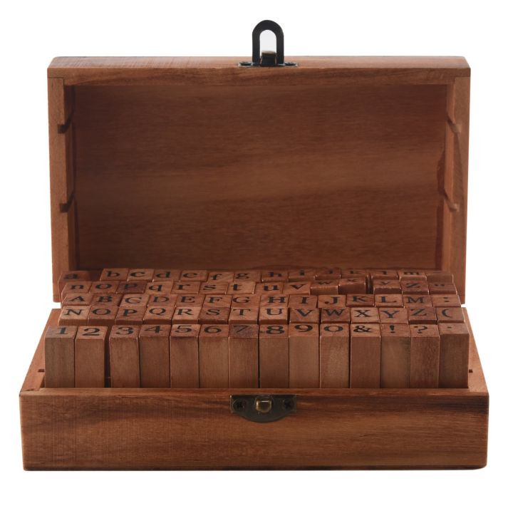 Pack of 70pcs Rubber Stamps Set Vintage Wooden Box Case Alphabet Letters Number Craft (No Ink Pad Included)