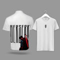 Berserk Guts Back Print & Brand of Sacrifice Front Logo Casual Graphic Printed| White Anime T-Shirt. 