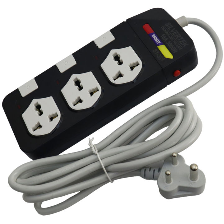 SILVERTEK ST-330 Surge Protector Power Strip Multiplug – 3-Port, 16A, 3000W Max, 3-Pin Universal Socket, 3M Cable, Individual Switches – Home & Office Use