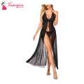 Fancyra Sexy Lingerie Lace Babydoll High Split Maxi Long Gown  Dress With G String Panty Free Size Black Color. 