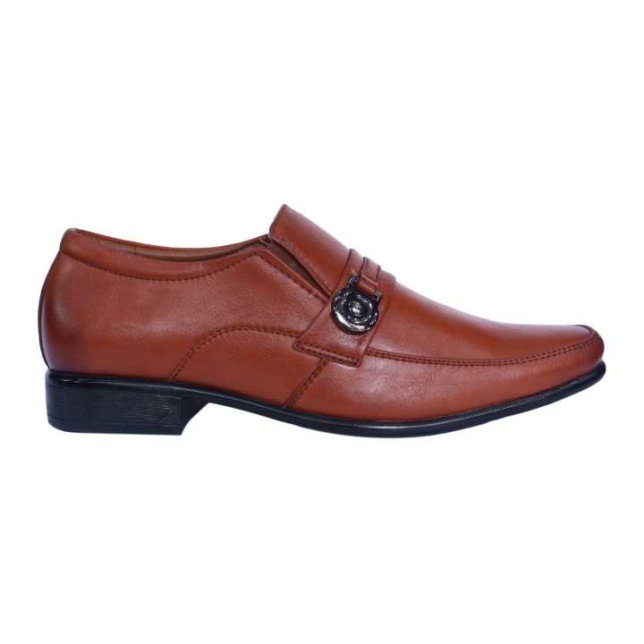 Brown Leather None Lace  Clip on  Black Horse  Formal Shoes For Men