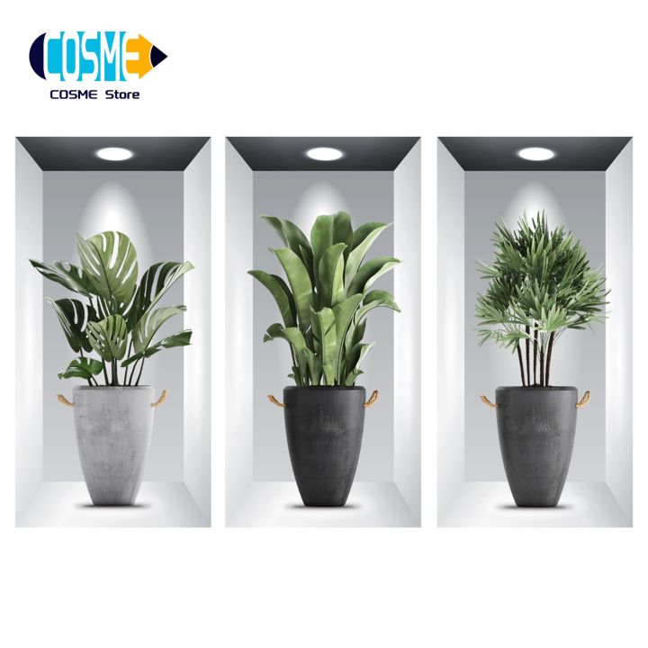 3Pcs Wall Sticker 3D Stereo Creative Greenery Potted Fake Window Wall Stickers Living Room Wall Poster Home Supply