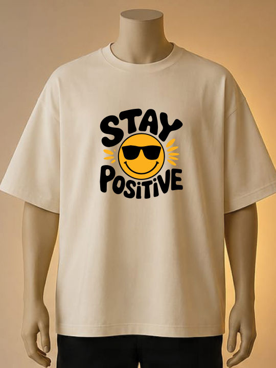 "Stay Positive" Smiley Graphic Printed T-Shirt– Cream, Maroon, White