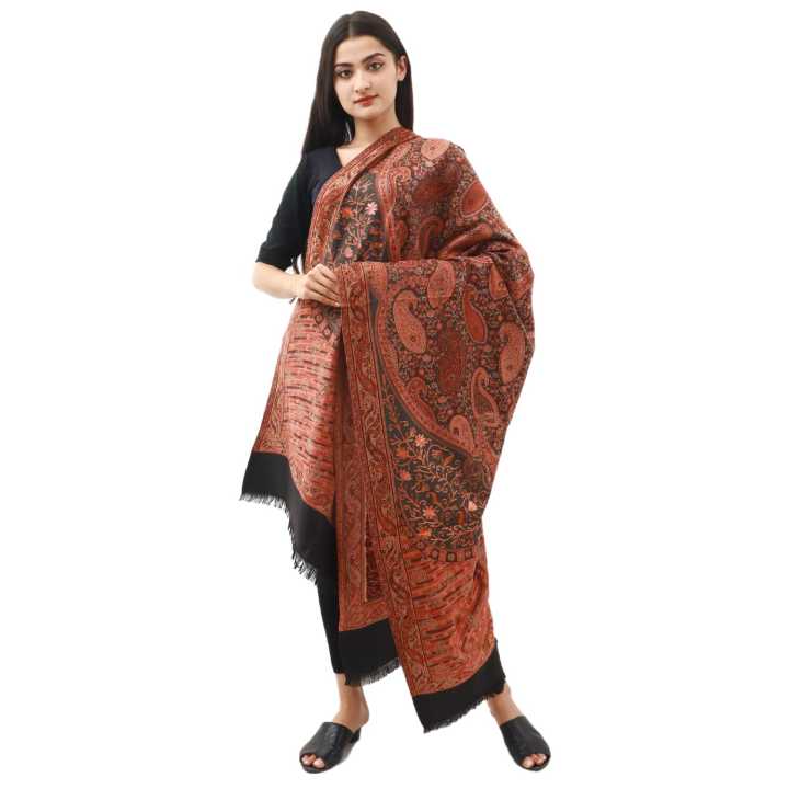 Black With Maroon And Golden Colour Floral  Pasmina Shawl For Women