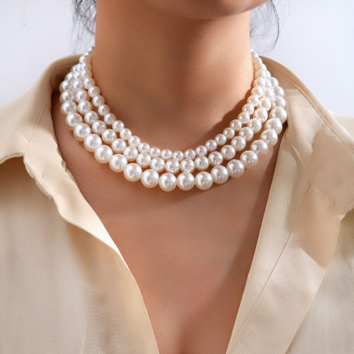 Pcs Set Vintage Simple Cream White Beads Choker Necklace For