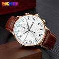 SKMEI 9301 Men Watch Fashion Luxury Chronograph Date Function Numeral Index Leather Strap Quartz - White/ Brown. 