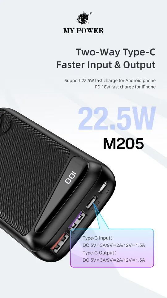 Mypower Fast charging Powerbank | 20000mah Powerbank | Pd Fast Charging Power bank | Digital Display Powerbank | M205 PD QC 3.0 Power Bank