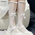 Wenefang 1 pair of Lolita calf socks with bow tie and cross tie wooden ear lace stockings JK girls' bow princess stockings. 