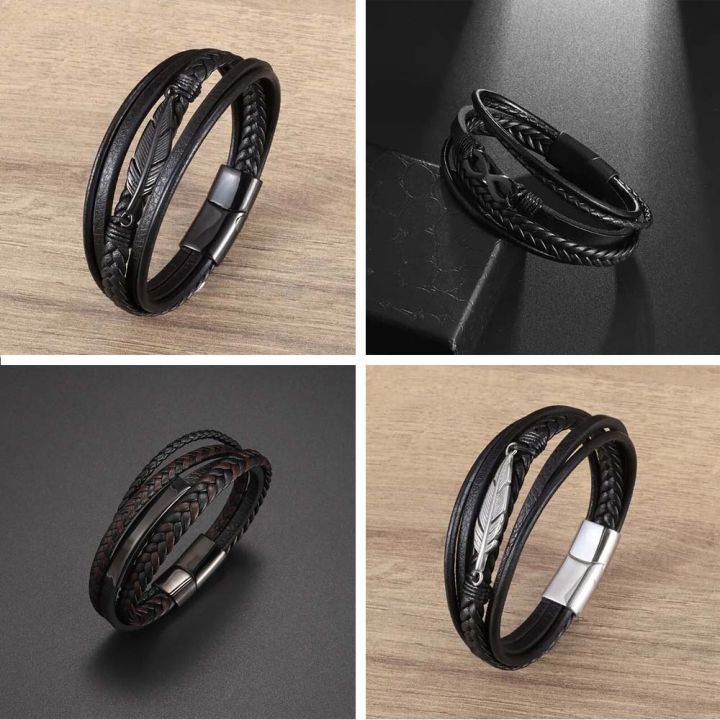 Men's Magnetic Buckle Braided Leather Rock Bracelet: A Fashionable And Casual Charm For Guys And Boys