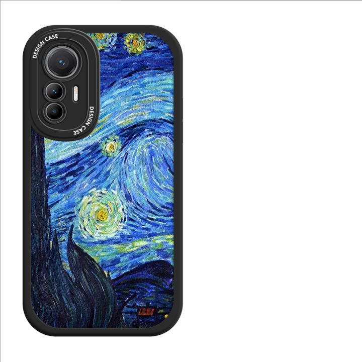 FELMYST for Xiaomi 12 Lite 5G Back Cover PU Leather Oil Painting Print Soft Silicone Edge Phone Case