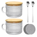 Vintage Coffee Glass Mugs Set of 2, Glass Coffee Tea Cups with Bamboo Lids, Coaster and Spoons,15Oz Clear Embossed 450ML A. 