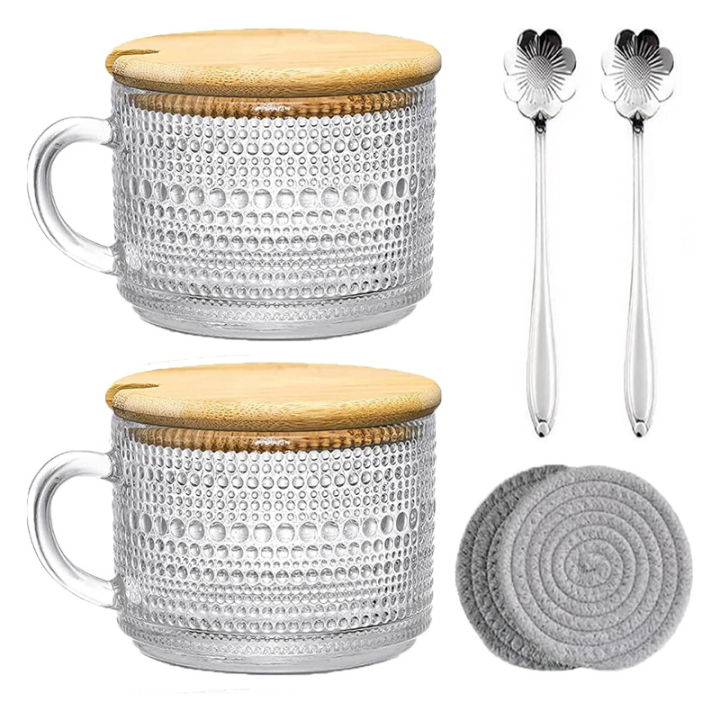 Vintage Coffee Glass Mugs Set of 2, Glass Coffee Tea Cups with Bamboo Lids, Coaster and Spoons,15Oz Clear Embossed 450ML A