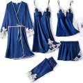 JAD 5 Pc Stylish Designer Nighty Set with Contrast Lace for Girls Women. 