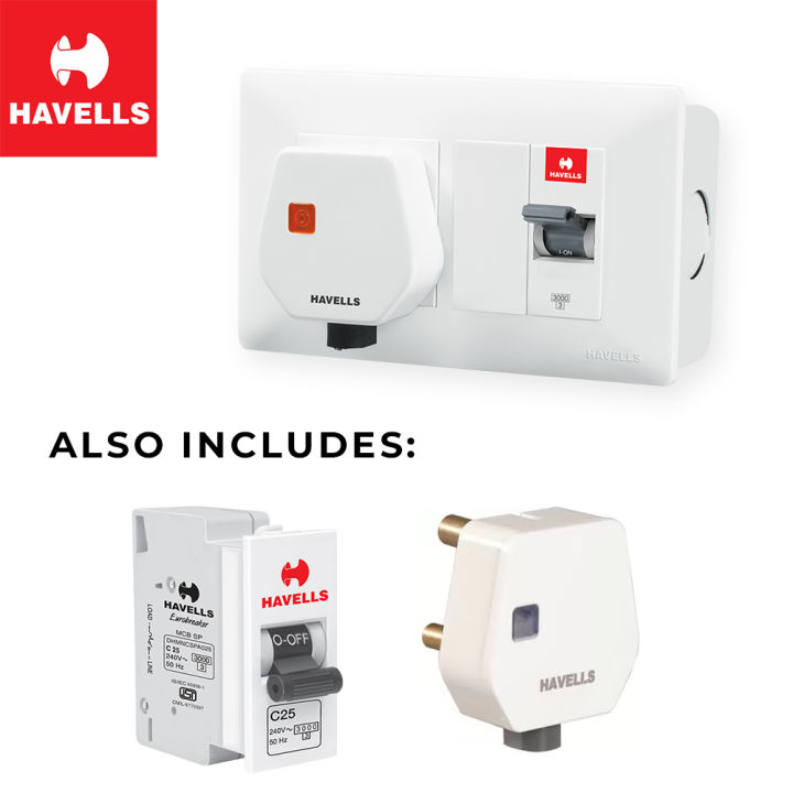 25A DBOXX MCB Protected Socket Set for AC, Washing machines, Water Geysers | Includes MCB, 3pin Top, Socket, Box, Plate