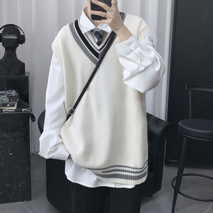 Knitted Vest Men's Spring and Autumn Korean-style Trendy V-neck Sweater Vest Outer Wear ins Hong Kong Style College Loose Lazy Jacket