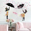 Silhouette Girl In Floral Dress Holding Umbrella Wall Sticker. 