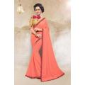 Peach Chiffon Embroidery Border Saree With Blouse For Women. 
