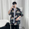 Tookss Men Shirt Cotton Blended Retro Style Floral Printed Short-sleeved Hawaiian Seaside Beach Couple T-shirt color. 