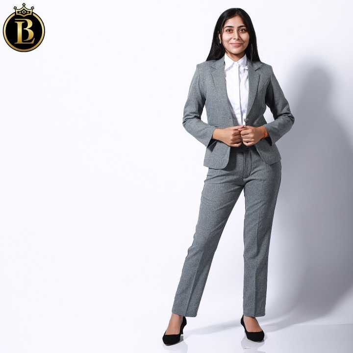Boss Lady Single Breasted Classic Grey Formal Coat and Pant Set For Women