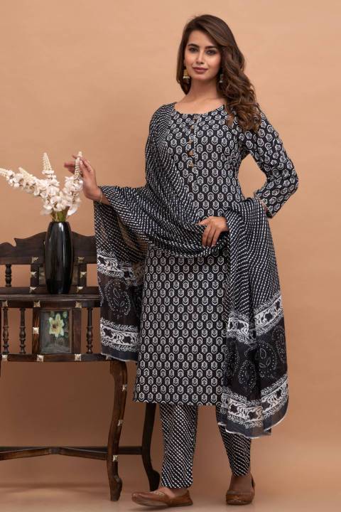 Women Pure Cotton Black Kurta Pant Dupatta Set Traditional Ethnic wear for all Occasion Casual Festive Party wear
