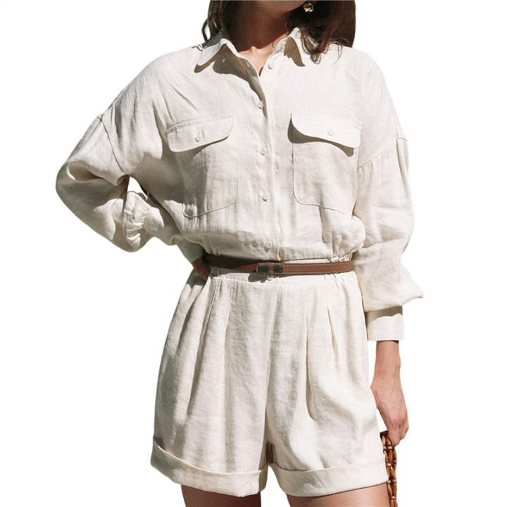 Women'S Casual Loose Overalls Jumpsuits Long Sleeve Wide Leg Shorts Rompers with Pockets