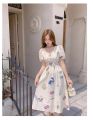 Off White Puff Short Sleeve Printed V-Neck Vintage Temperament Bohemian Floral Fairy Dress For Women. 