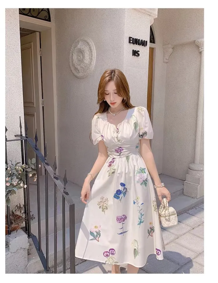 Off White Puff Short Sleeve Printed V-Neck Vintage Temperament Bohemian Floral  Fairy Dress For Women | Daraz.com.np