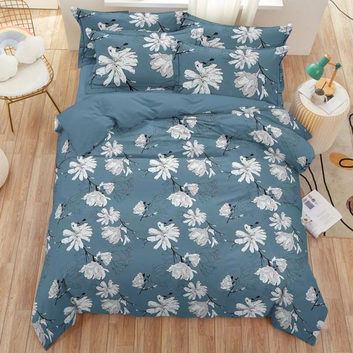 Pure White Flowers On Blueish Grey Background King Size Pure Cotton