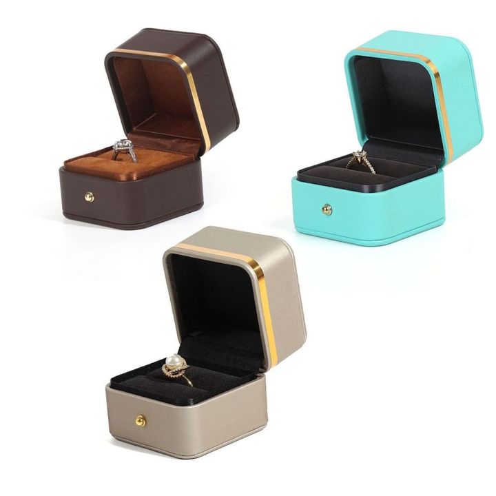 Portable PU Leather Square Ring Box Gold Trim Velvet Interior Ring ...