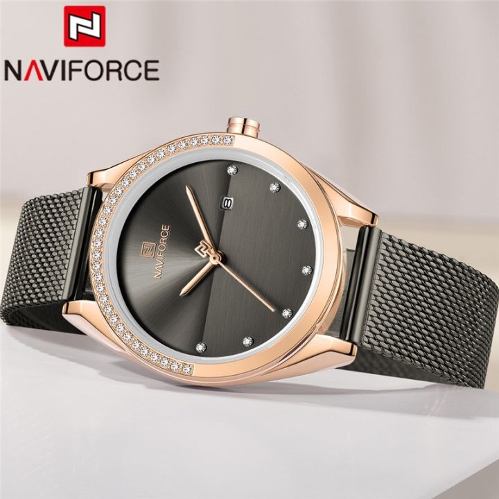 NAVIFORCE NF5015 Ladies Stainless Steel Mesh Crystal Date Display Quartz Watch Black Daraz .np