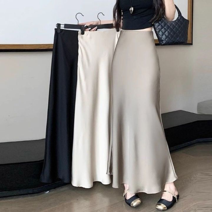 Basic Summer Satin Silk Long Skirt High Waist Half Body Dress High Waisted Skirts Slim Fit A Line Midi Skirt Girl