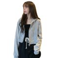 2023 New Spring and Autumn Korean Style Short Thin Sweater Women's Zipper Cardigan Jacket Solid Color Hooded Long-sleeved Top Trendy. 