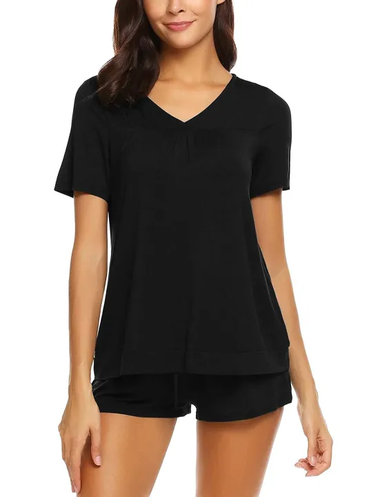 Women%20Shorts%20Pajama%20Set%20Short%20Sleeve%20Sleepwear%20Nightwear%20Free%20Size%20Black%20Color%20-%20Image%202