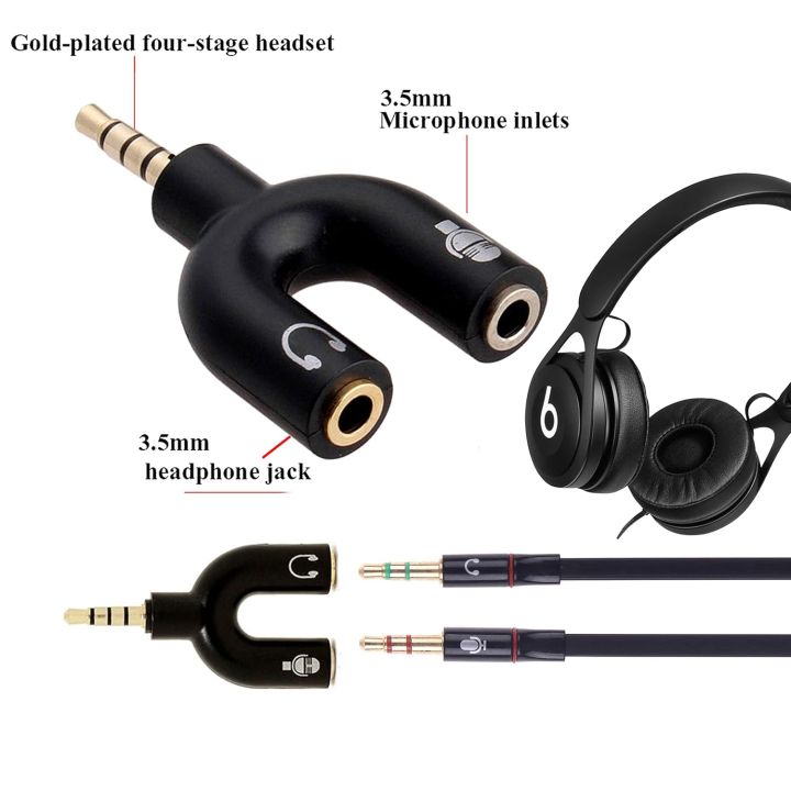 Black U-Shape 3.5 mm Audio Headphones with Mic & 2-Male to 1-Female Jack Splitter