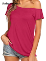 Ashunqiwen Affordable New specials Women's One Shoulder Off Tee Tops, Short Sleeve T Shirts, Basic Loose Shirt, Solid Casual Clothes, Summer Fashion. 