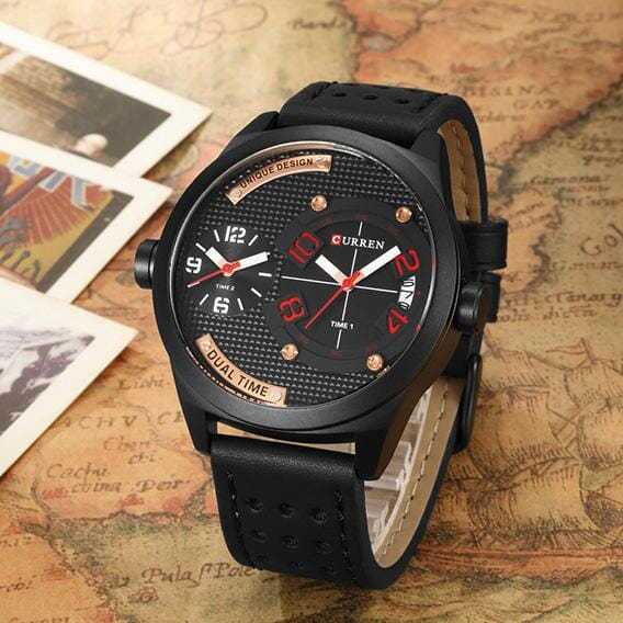 CURREN  8252 Dual Time Analog Quartz Watch For Men- Red/Black