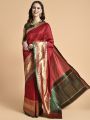 Red & Green Zari Silk Blend Banarasi Saree. 