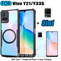 3 in 1 Vivo Y21 Acrylic Phone Case For Vivo Y21T Y33S Y21S Y21A Casing With Magnetic Wireless Charging Sticker +Full Coverage Tempered Glass Screen Protector. 