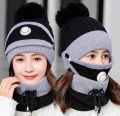Women's Slouchy Knit Knitted Topi Scarf Mask 3-Piece Set for Winter Comfort. 