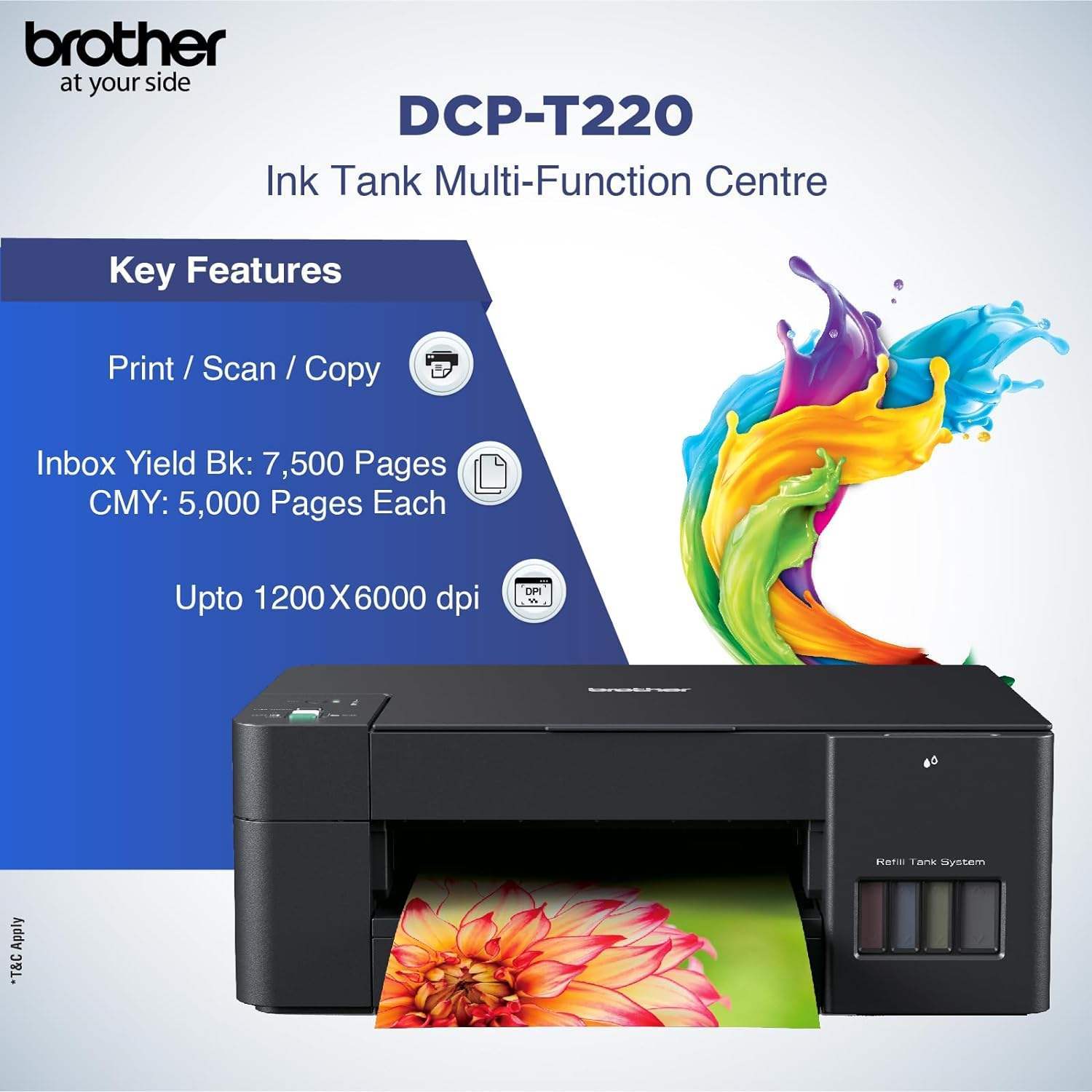 Brother  Printer DCP-T220  Three In One ( Copy ,  Print  &  Scan )  Ink Tank  Printer With One Set Ink  Black