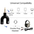 Black U-Shape 3.5 mm Audio Headphones with Mic & 2-Male to 1-Female Jack Splitter. 