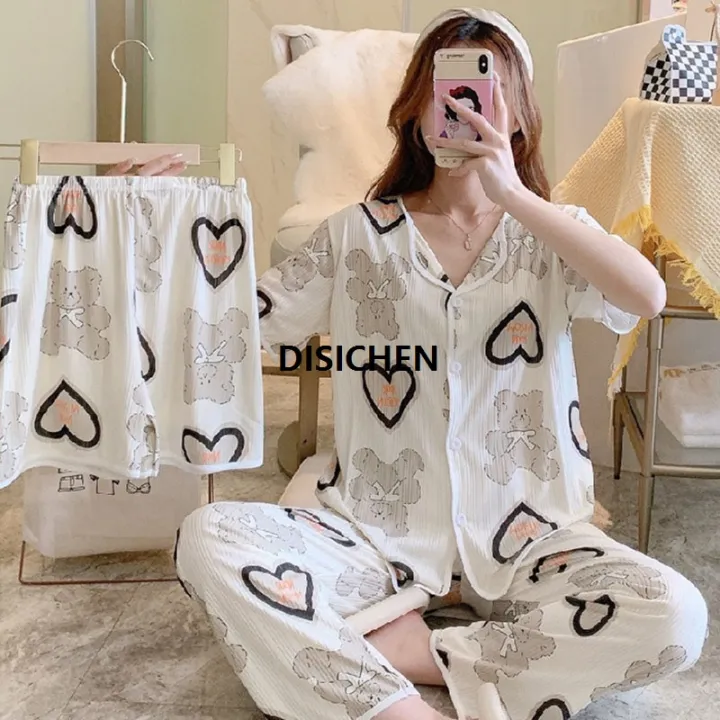 DISICHEN%20Three-Piece%20Set%20Women%20Sleepwear%20Silk%20Short-Sleeved%20Trousers%20Pajamas%20Ladies%20Cartoon%20Bear%20Cherry%20Lapel%20Cardigan%20Nightwear%202025%20New%20-%20Image%204