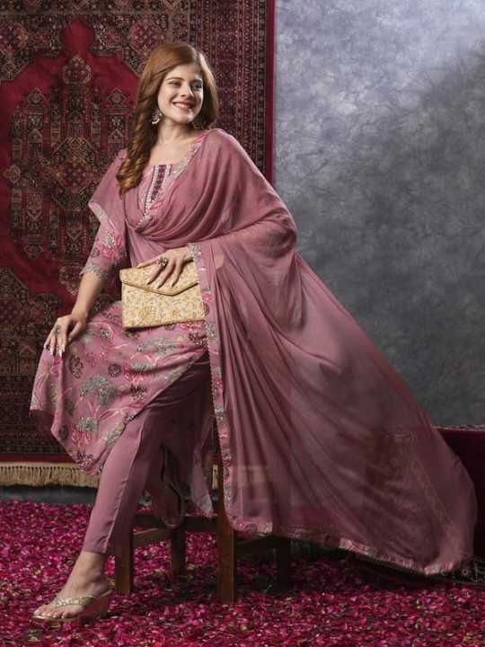 Fabdale Women’s Viscose Rayon Floral Printed Straight Kurta Pant Dupatta Set | Festive, Wedding & Party Wear (DVST-014)