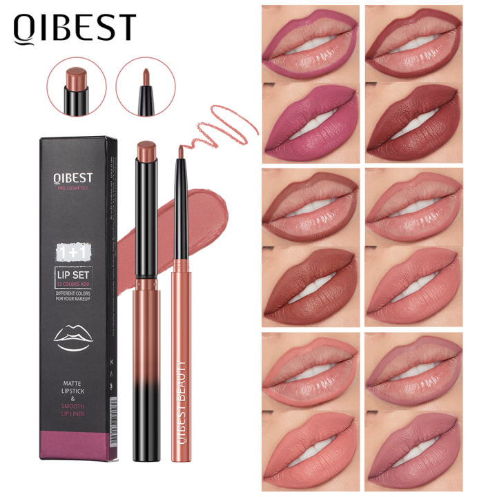 QIBEST 2pcs Lipstick Lipliner Pen Set Matte Velvet Lip Liner Pencil Contour Makeup Red Lip Stick Long Lasting Cosmetics