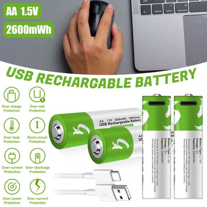 Goop 1.5V 5200mWh USB Lithium ion Rechargeable AA Battery with USB Type C Charging Cable, High Capacity Fast Charge, 1200 Cycles Constant Output, Over-Charge Protection (2)