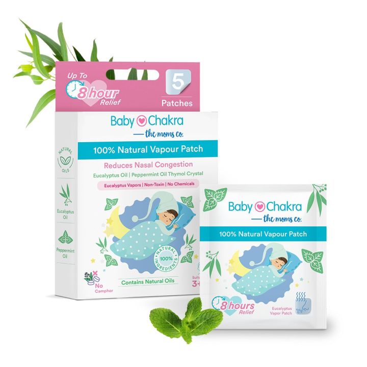 BabyChakra 100% Natural Vapour Patches for babies with Eucalyptus & Peppermint Oil | Camphor Free | Quick Relief from runny nose & nasal congestion | Lasts Up to 8 Hrs (5 Patches)