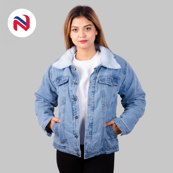 Nyptra Light Blue Solid Premium Fur Denim Jacket For Women