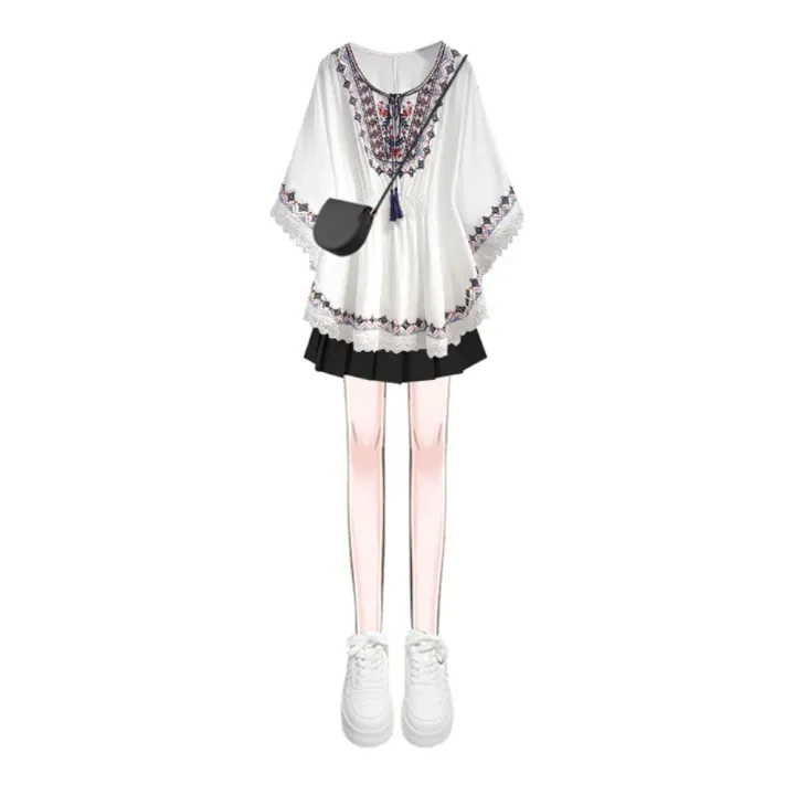 Simple%20Lace-up%20Tassel%20Bohemian%20Style%20T-shirt%20Embroidery%20Loose%20Short%20Sleeve%20T%20Shirt%20Blouses%20High%20Waist%20Ethnic%20Style%20Tops%20Summer%20-%20Image%205